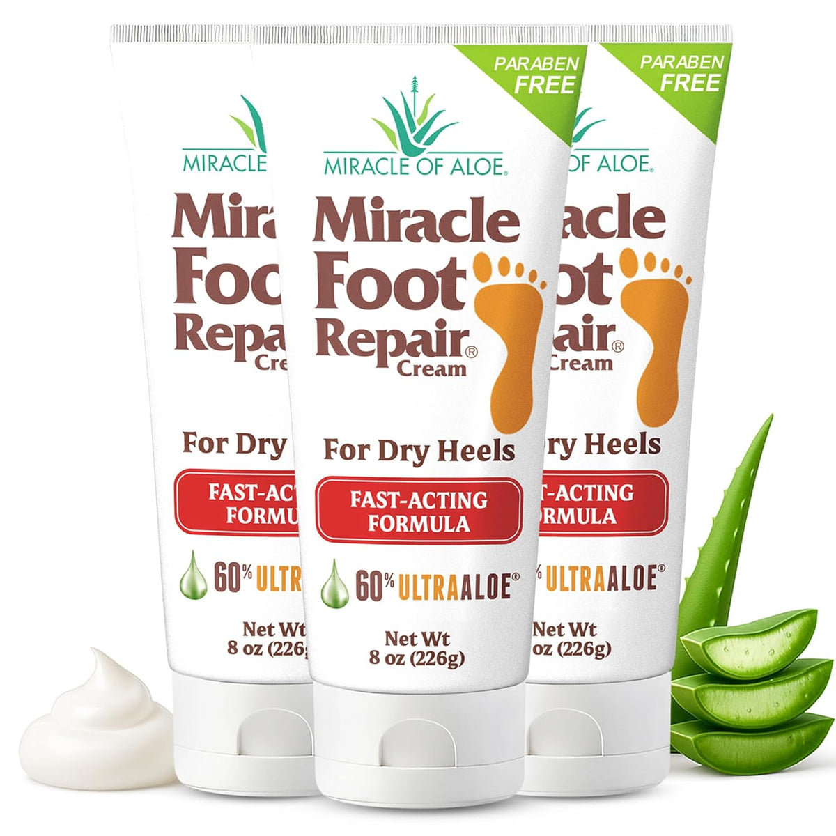 Miracle Foot Repair Cream (8 oz / 3-Pack) Repairs Dry Cracked Heels and Feet, 60% Pure UltraAloe Moisturizes, Softens, and Repairs