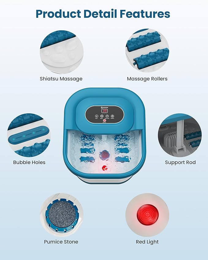 COMFIER Collapsible Foot Spa Bath Massager with Heat, Pedicure Foot Spa with Bubbles, Red Light, Pumice Stone and Shiatsu Massage Rollers, Heated Bath Spa for Relaxation and Stress Relief (Blue)