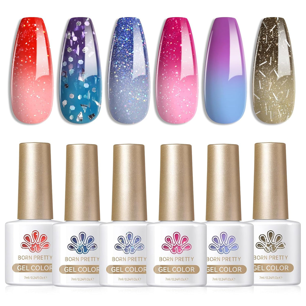 Born Pretty Color Changing Gel Nail Polish, 6 Colors Glitter Temperature Change Gel Polish Red Hot Pink Blue Long Lasting Nail Polish U V Set for Manicure and Nail Art, DIY at Home, Salon-Quality 7ml