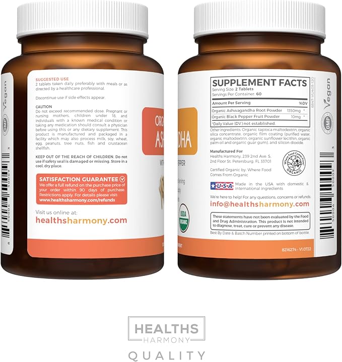 USDA Organic Ashwagandha (120 Vegetarian Tablets) 1350mg Ashwaganda Root Powder Per Serve with Black Pepper - Natural Adrenal Support, Cortisol & Thyroid Support, Immune Support (No Pills or Capsules)