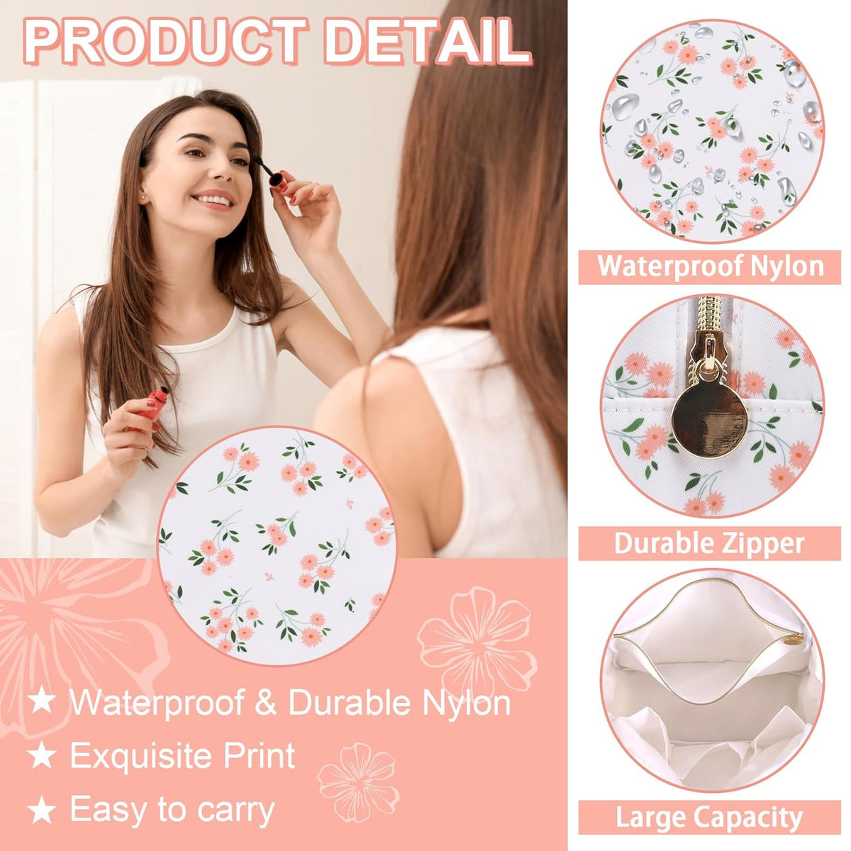 Waterproof Large Floral Makeup Pouch,Nylon Travel Toiletry Storage Purse Preppy Cosmetic Bag for Women Girl,Large Capacity Makeup Organizer Zipper Pouch for Work(L White-Flowers)