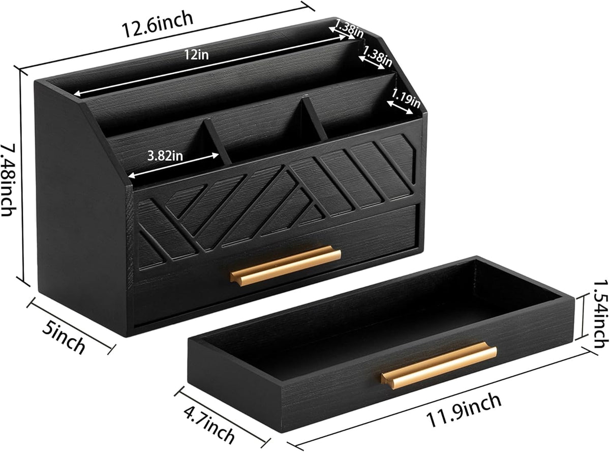 Black Wood Desk Organizer and Accessories with Drawer, Bill Mail Organizer and File Mail Holder for Office Supplies, Modern Desk Accessories & Workspace Organizers for Desk Organization