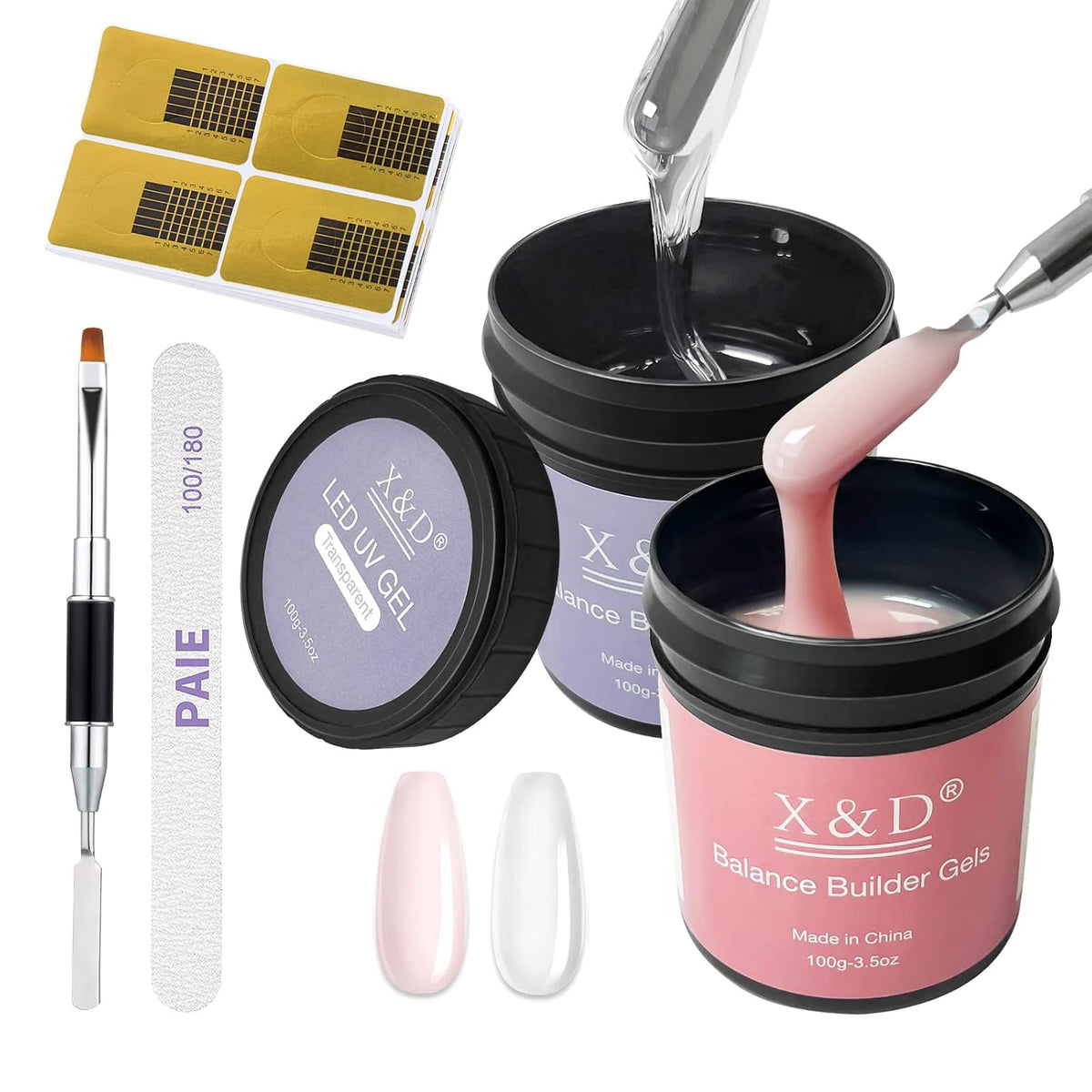 X&D Gel Nail Polish Kit - UV Polygel 2 Bottles Quick Dry 100g Natural Clear Color Nail Extension with Nail Forms, File, Acrylic Brush (Transparent & Nude Pink)