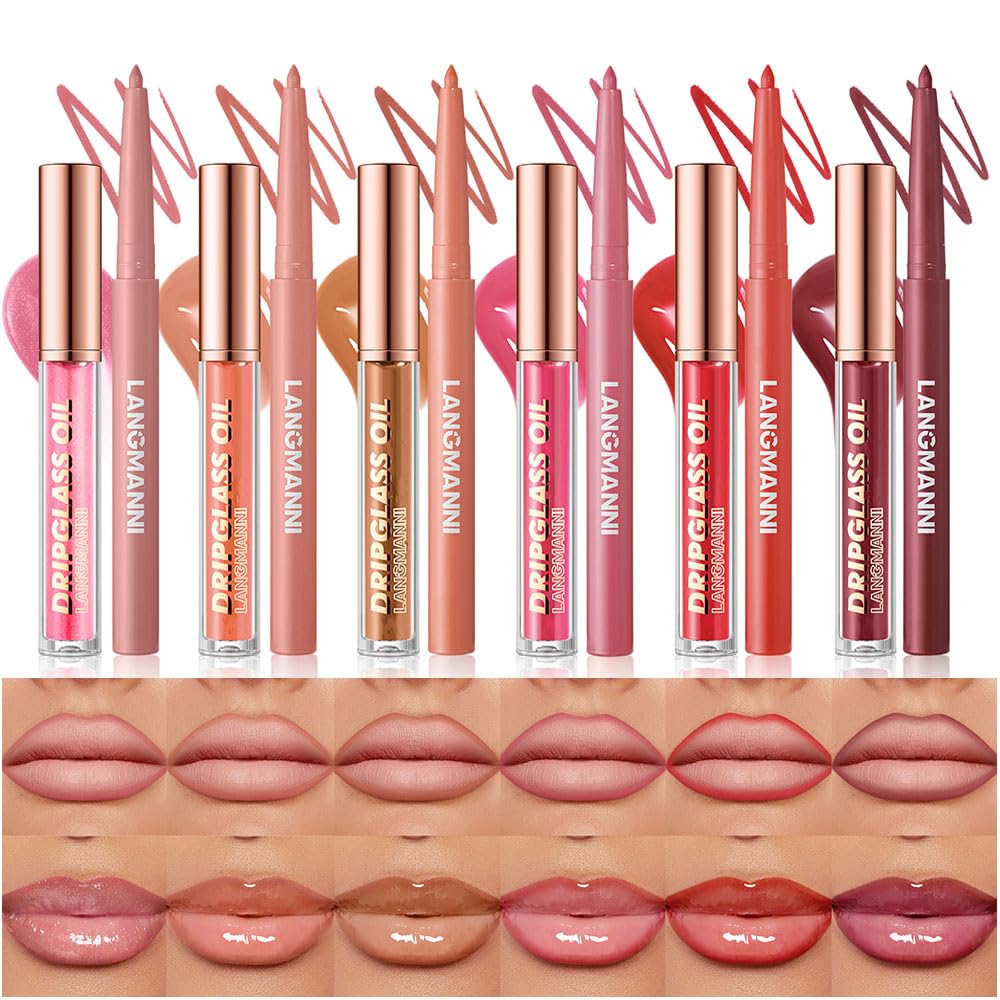 BestLand 12pcs Hydrating Lip Oils + Lip Liner Pencil Lip Combo Sets, 24H Long-Lasting Lip Kit with Lip Liner and Gloss, Nourishing, Non-Sticky Tinted Stain Lip Gloss Plumping Lip Oil Set for Women