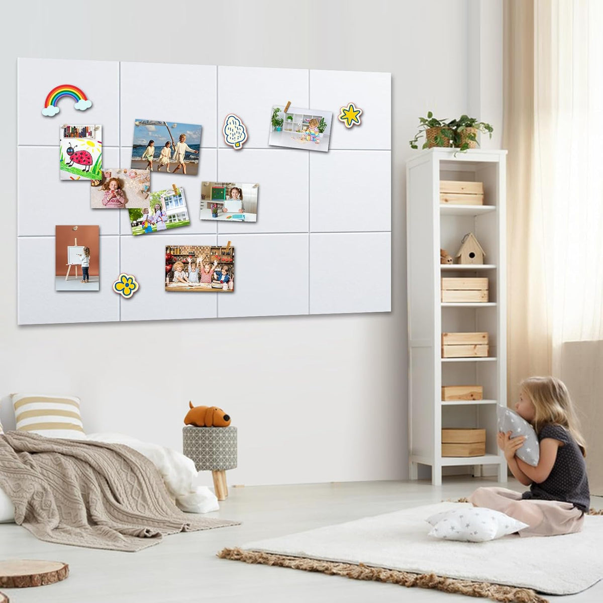 Cork Board for Walls 48" x 36" - White Bulletin Board - 12 Pack Felt Wall Tiles with Safe Removable Adhesive Tabs - Large Corkboard for Office Classroom Home Decor - Snow White