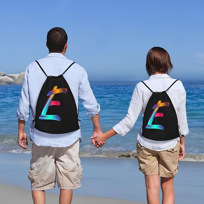 Drawstring Bags Initial Drawstring Backpack Sackpack Black Draw String Cinch Bags for Sports, Gym, Travel, Swimming, Beach, Camping, Rainbow Letter E