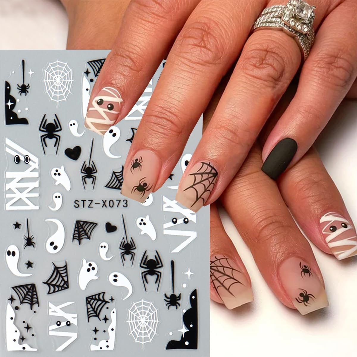 Halloween Nail Stickers 3D Self Adhesive Nail Art Stickers Ghost Nail Decals Spider Web French Tips Heart Flame Black White Design Spider Nails Sticker for Nails Art for Women DIY Manicure 6 Sheets