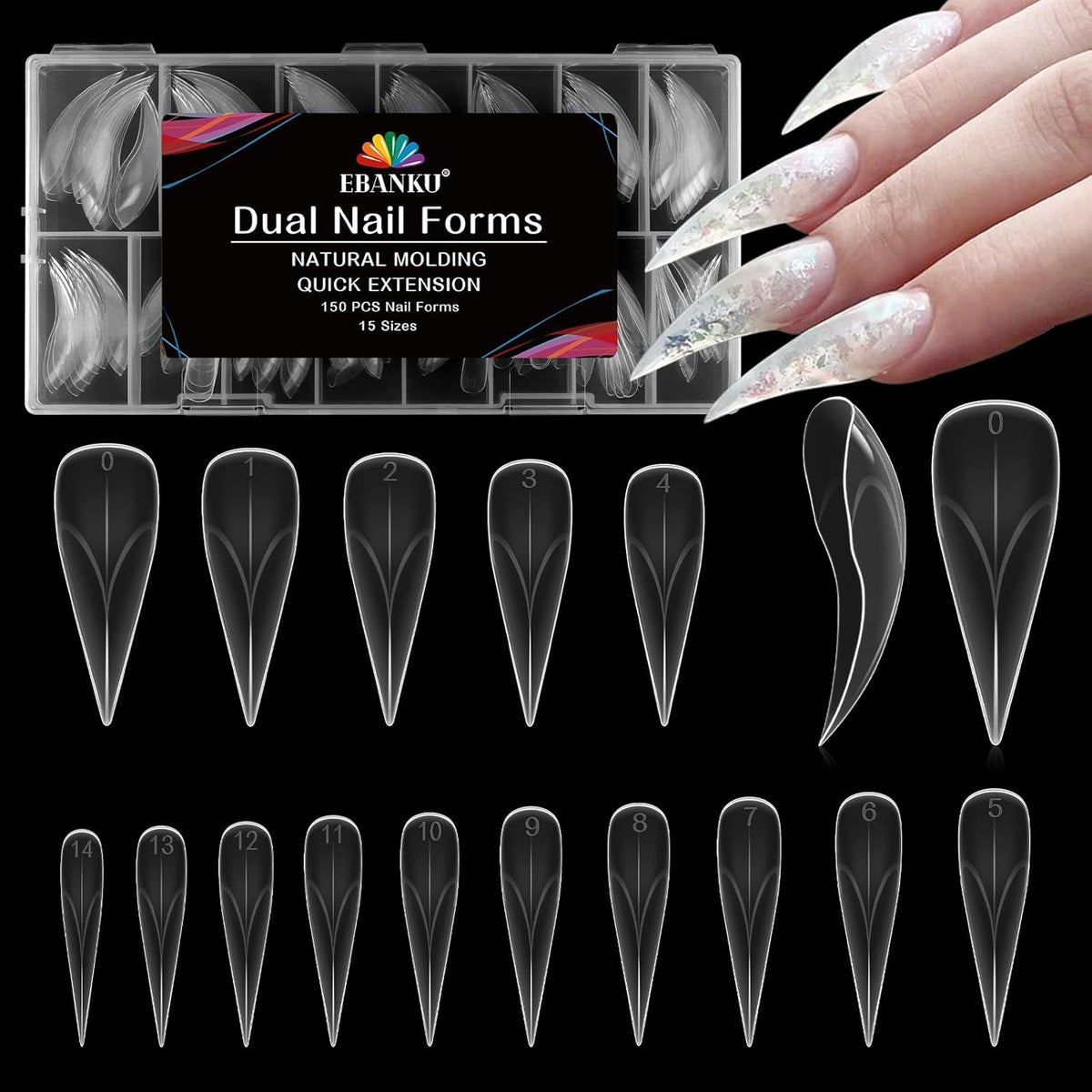 EBANKU Dual Nail Forms for Poly Extension Gel, 150 PCS Clear Eagle Claw Nail Molds Reusable 15 Sizes Hawk Curve Nail Extension Forms for Builder Gel Manicure Design Salon DIY