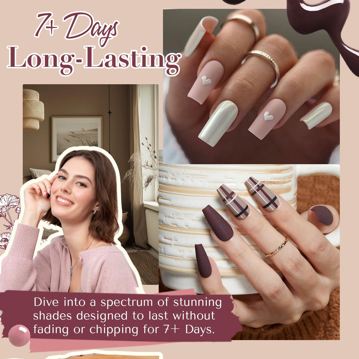 AZUREBEAUTY Nail Polish Set 4 Colors Brown Pink Glitter Nail Polish Quick Dry Natural Nail Lacquer Fingernail Kit with Top Coat DIY Salon Home