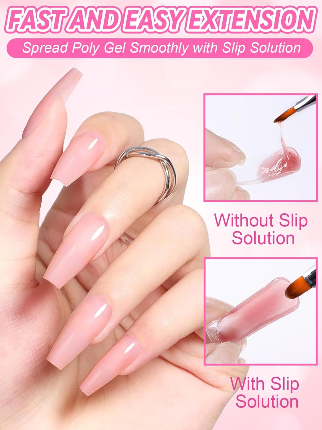 EBANKU Poly Gel Slip Solution for Nails - Anti-Stick Slip Solution for Builder Gel Nails, Brush Clean Liquid with Dual-Ended Nail Brush, 3PCS Nail Clips for Beginners & Home Salon, 2.5oz