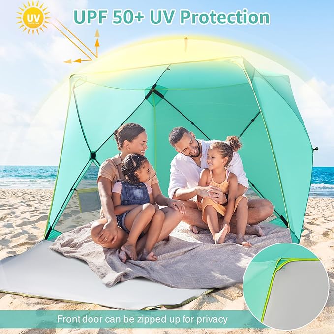 Pop Up Beach Tent, Portable Shade Sun Shelter UPF50+ UV Protection for 4 Person Extendable Floor for Fishing Hiking Camping, Waterproof Windproof（Mint Green