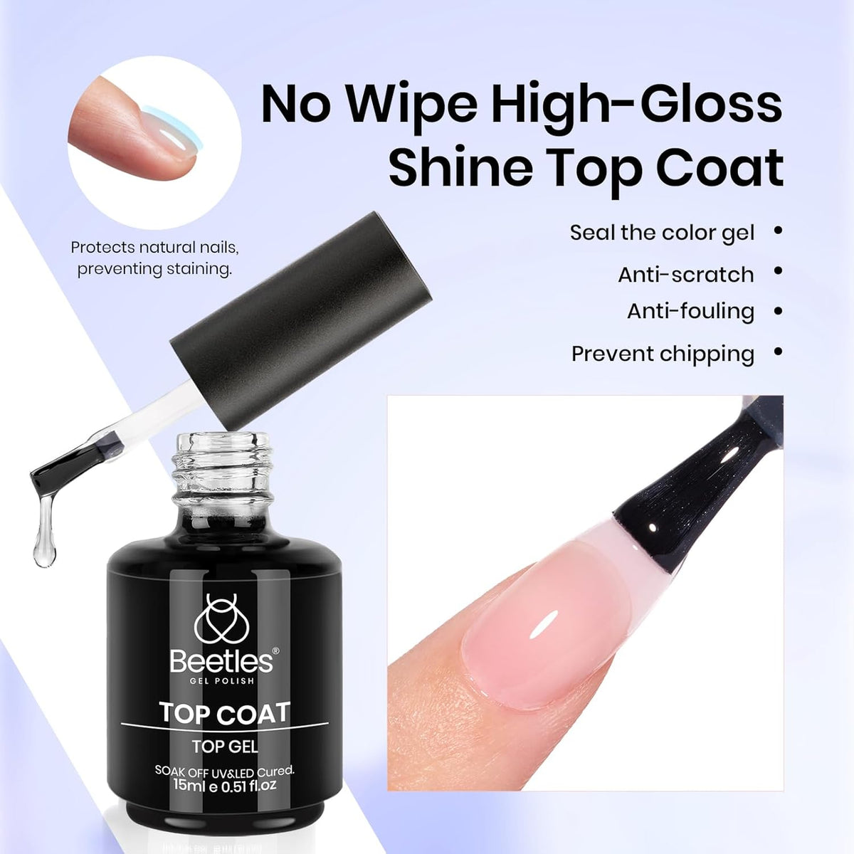 Beetles 3Pcs 15ml Builder Nails Gel with No Wipe Top Coat and Base Coat Set, Nail Extension Strengthening Nail for UV LED Lamp, Soak Off Gel Nail Polish for Nail Art