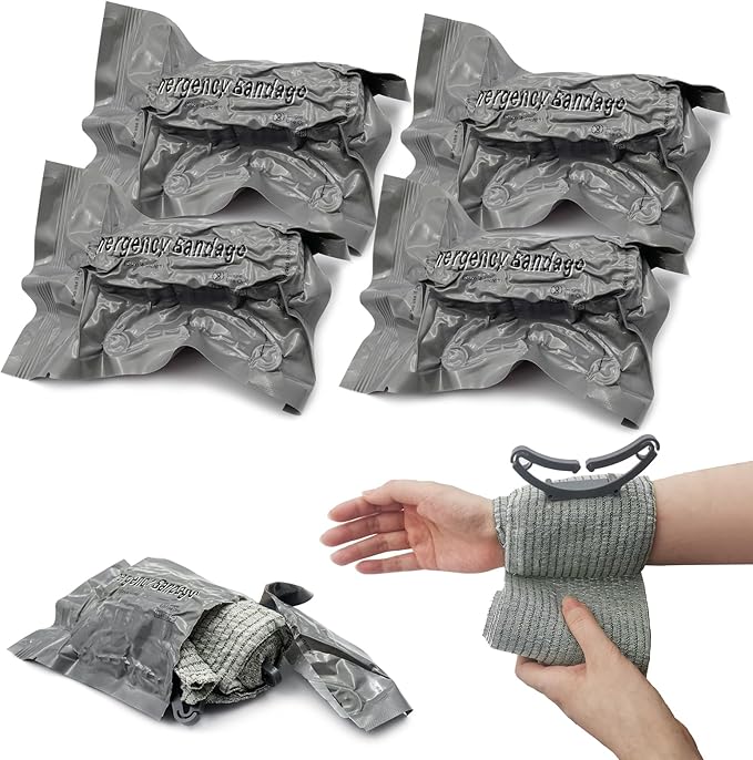 Israeli Emergency Bandage 4 Inch, Vacuum Sealed Medical Compression Bandage,Trauma Wound Dressing, Self-Adhesive Combat Tactical First Aid Kit (4 Inch 4 Pcs)