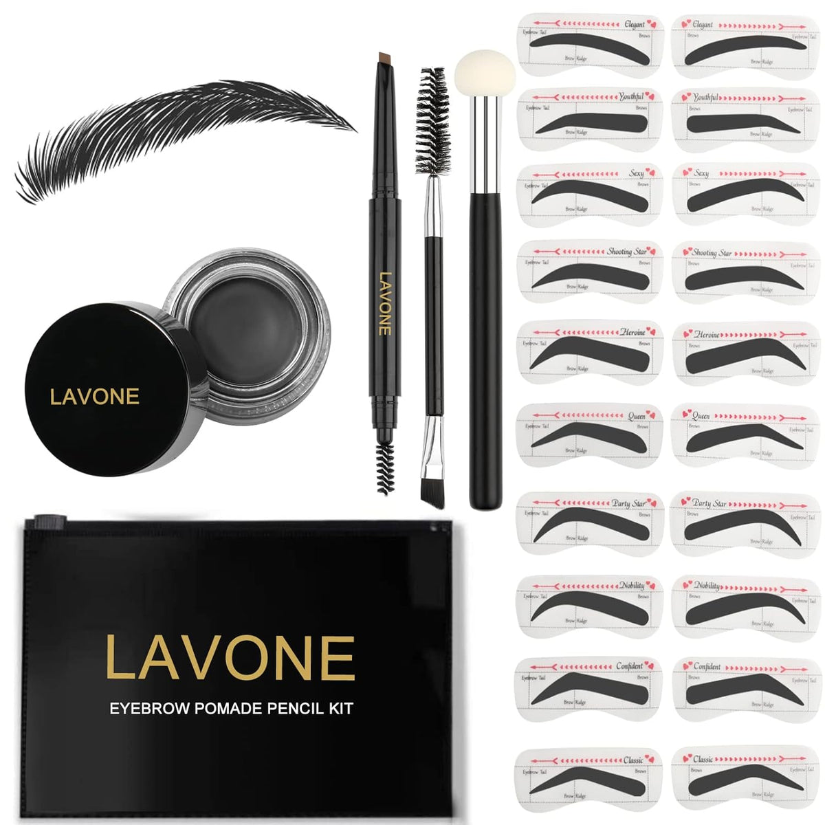 Eyebrow Stamp Stencil Kit for Eyebrows, Brow Stamp Trio Kit with Waterproof Eyebrow Pencil, Eyebrow Pomade, 20 Eyebrow Stencils, Dual-ended Eyebrow Brush and Sponge Applicator - Ash Black