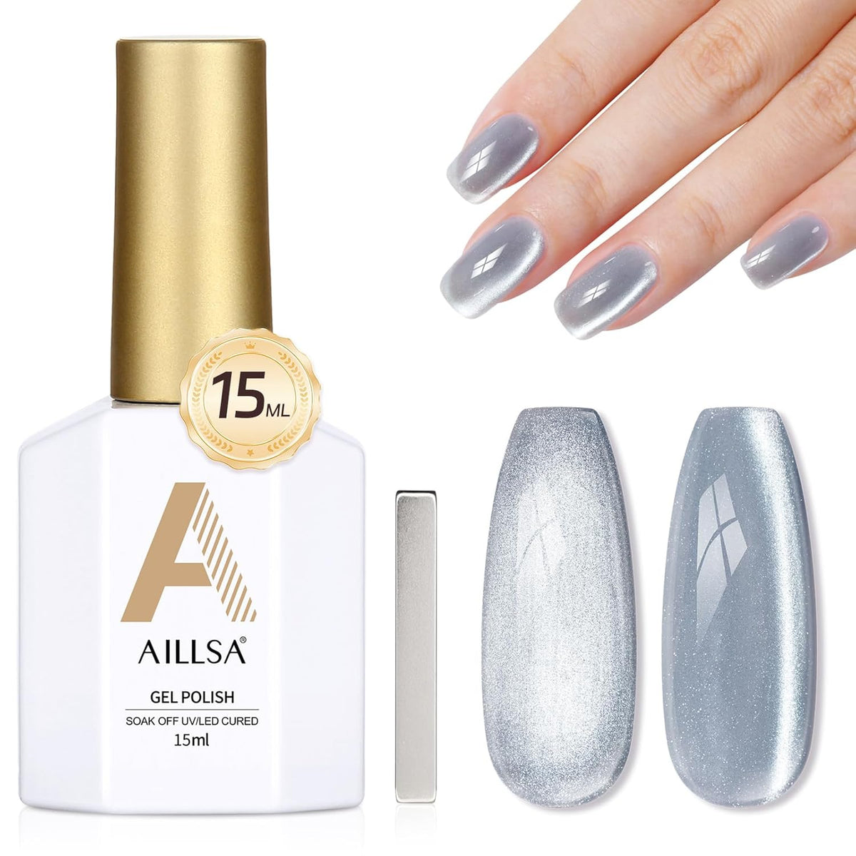 AILLSA Glass Cat Eye Gel Nail Polish, 15ml Gray Glitter Jelly Sheer Gel Polish, Translucent Magnetic Shimmer Sparkle Nail Art U V Salon 0.5 OZ GF32
