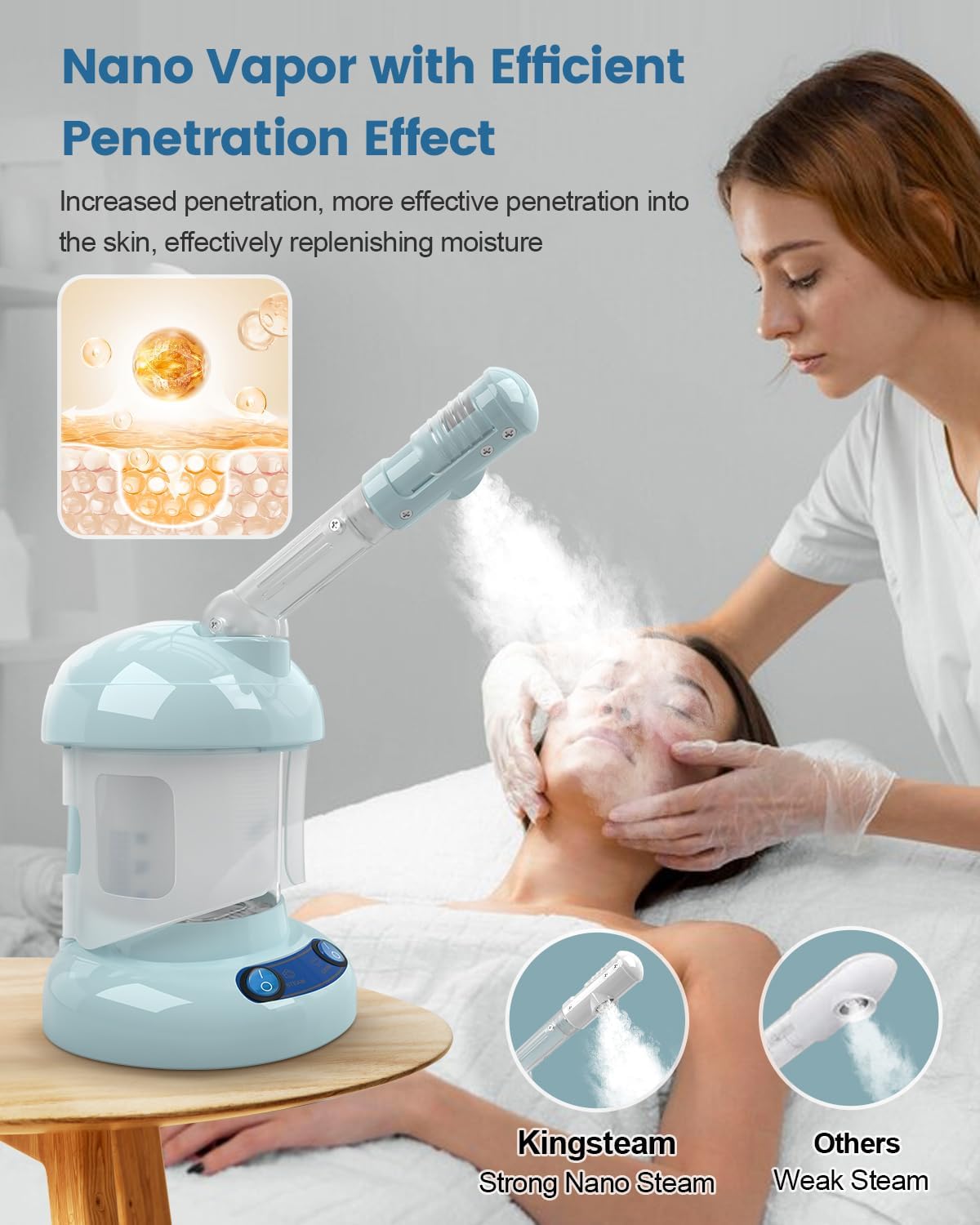 Kingsteam Tabletop Facial Steamer - Ozone Steamer with 360° Rotatable Arm - Professional Nano Ionic Facial Steamer for Deep Cleaning - Portable for Personal Care Use at Home or Salon, Blue
