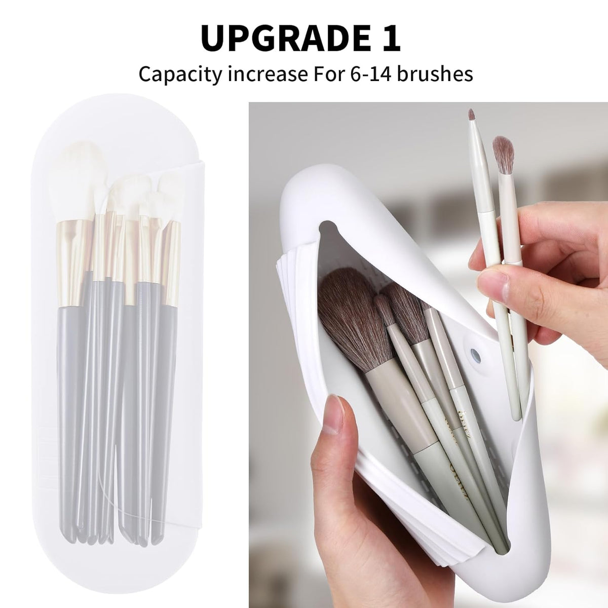 Silicone Makeup Brush Holder Travel Cosmetic Bag：Soft Portable Cosmetic Face Brushes Holder with Upgrade Anti-Fall Out Magnetic Closure, Large Travel Makeup Brush Case - White