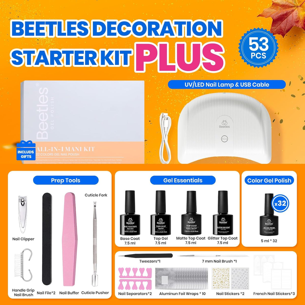 Beetles Gel Nail Polish Kit with U V Light - 53 Pcs Emotional Spectrum Pro 32 Colors Gel Nail Kit with Base &Matte &Glossy Top Coat and Tools Decoration Manicure Set Soak Off Gifts for Women Girls