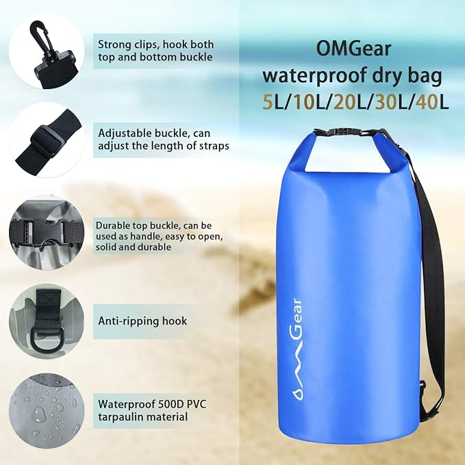 OMGear Waterproof Dry Bag Backpack Phone Pouch 40L/30L/20L/10L/5L Floating Dry Sack for Kayaking Boating Outdoors Activities