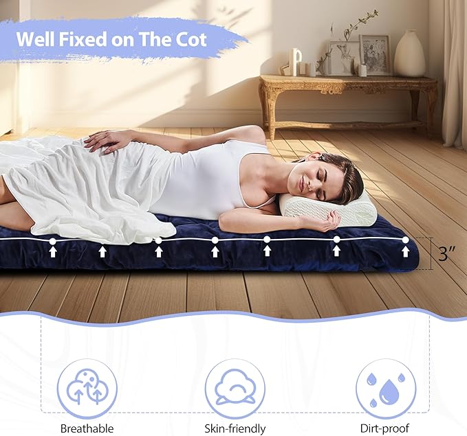 RedSwing XL Cot Mattress Pad, Cot Pads for Camping, 1.5''/3.2'' Thick Cotton Camping Cot Mattress Pads, Soft and Comfortable, Blue/Grey