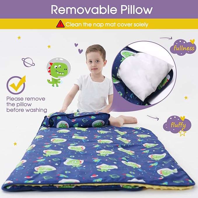 Nap Mat with Pillow Blanket Set: Sleeping Mats for Toddler Kids - Thick Large Roll up Slumber Bag for Daycare Preschool Kindergarten Boys Girls