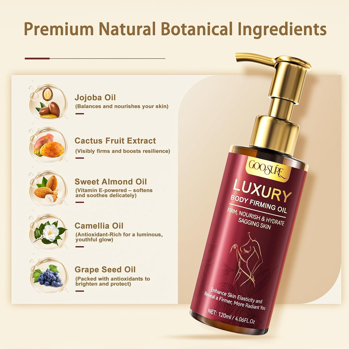Body Firming Oil,Deep, Lasting Hydration, 4.06 FL OZ, Natural Botanicals Firming O il for Women, Fast-Absorbing with Cactus Extract & Camellia Oil, Vitamin E, Targets Abdomen/Thighs