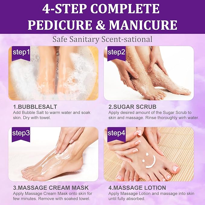 24 PCS Foot Soak, Pedicure Kit Foot Soak Set With Bubble Salt, Sugar Scrub, Massage Mask, Massage Lotion In a Box 4 Step Foot Spa Kit For Dry Cracked Feet, Tired Feet, 6 Set Lavender