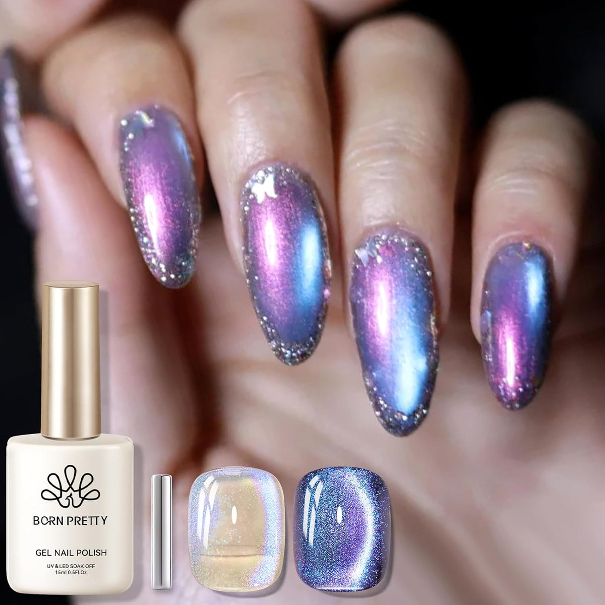 Born Pretty Purple Auroras Cat Magnetic Eye Gel, Fall Winter Mermaid Shiny Effect Soak Off Nail Art Salon Manicure Home Gift 15ml