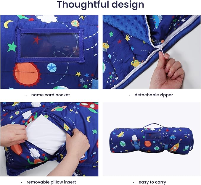 Kids Sleeping Bag Nap Mat with Removable Pillow and Blanket,Extra Thick Large 2 in 1 Slumber Bags for Boys Girls,Toddler Nap Mat for Preschool Daycare Travel Camping