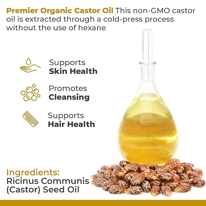 Premier Research Labs Organic Castor Oil for Face - Cold Pressed 100% Pure Castor Oil for Hair Growth, Skin & Body, Hexane Free - 8 Oz Bottle