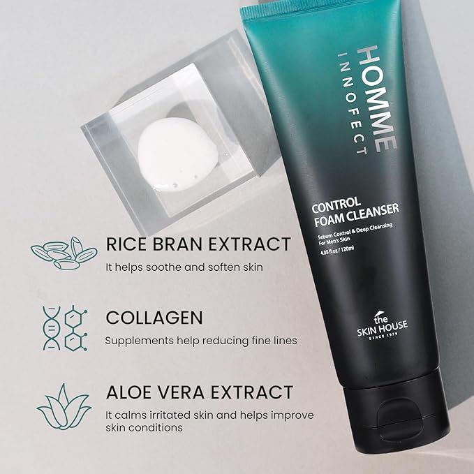 The Skin House Homme Innofect Control Foam Cleanser for Men 4.05 fl.oz l Oily Skin Cleanser l Deep Cleansing, Pore Minimizer, l Korean Skin Care, Facial Wash, 120ml