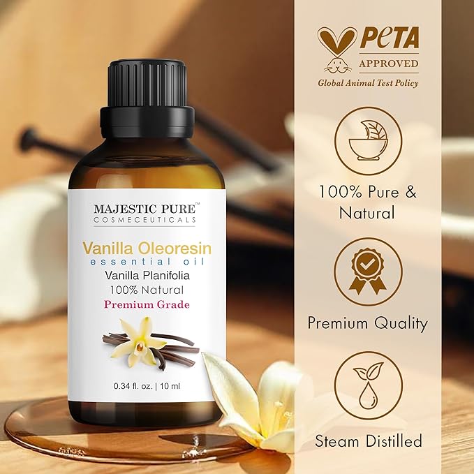 MAJESTIC PURE Vanilla Oleoresin Essential Oil | 100% Natural Oil with in-Build Euro Plastic Dropper | Premium Grade Essential Oils for Hair Care, Home Diffusers, Skin, Aromatherapy | 0.3 Fl Oz