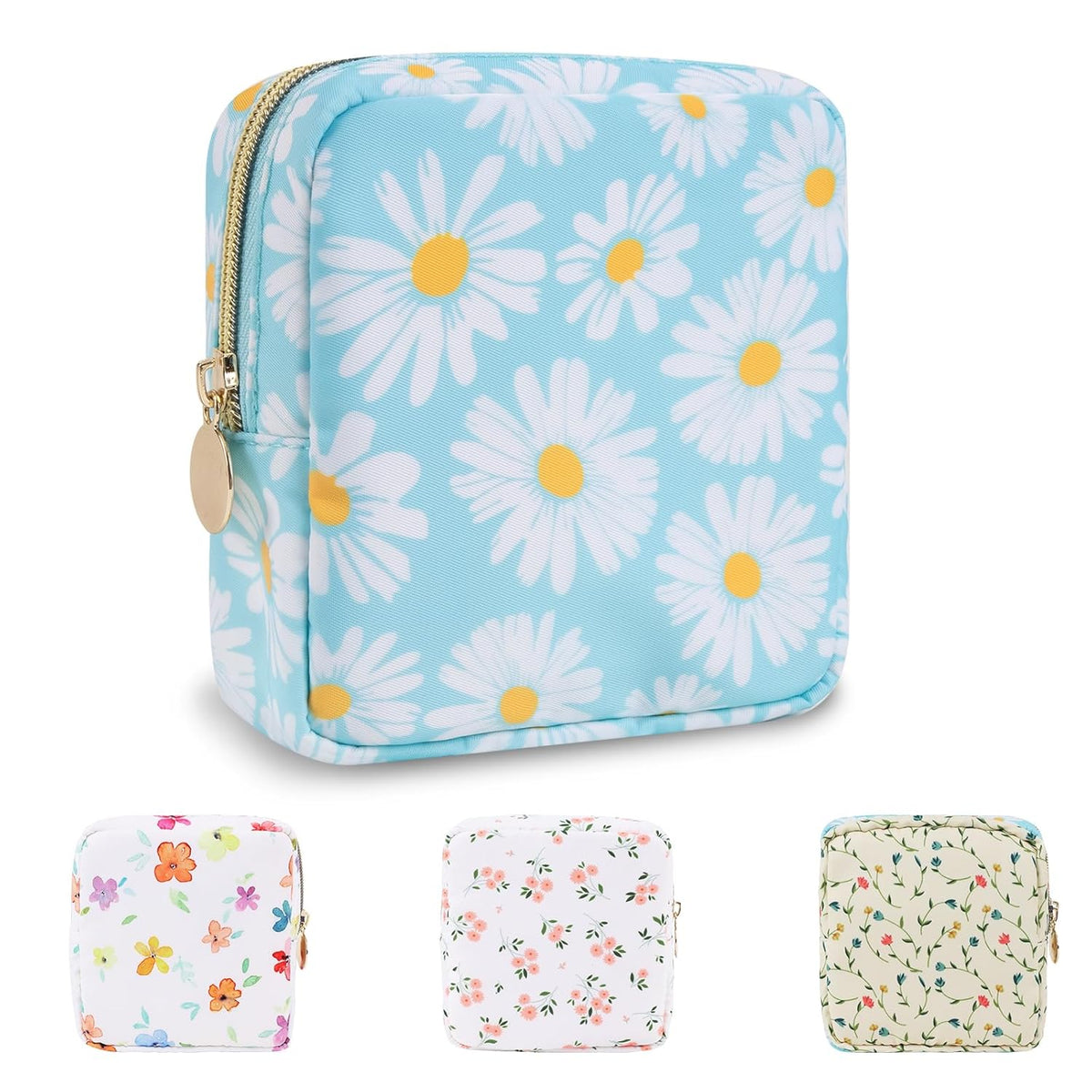 Waterproof Mini Floral Makeup Bag Pouch for Purse,Nylon Flower Cosmetic Travel Bag Small Preppy Toiletry Organizers Bag for Women Girl,Cute Zipper Pouch Coin Purse for Work(Mini Blue-Daisy)