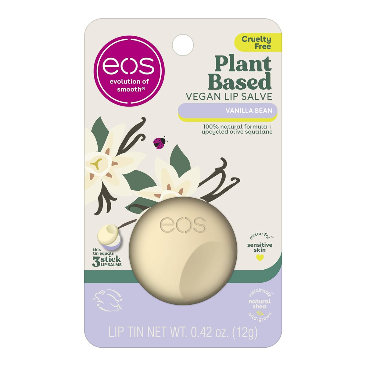 eos Plant-Based Vegan Lip Salve - Vanilla Bean, 100% Natural Formula, Cocoa Butter Lip Balm with Upcycled Olive Squalane, Cruelty-Free, 0.42 oz