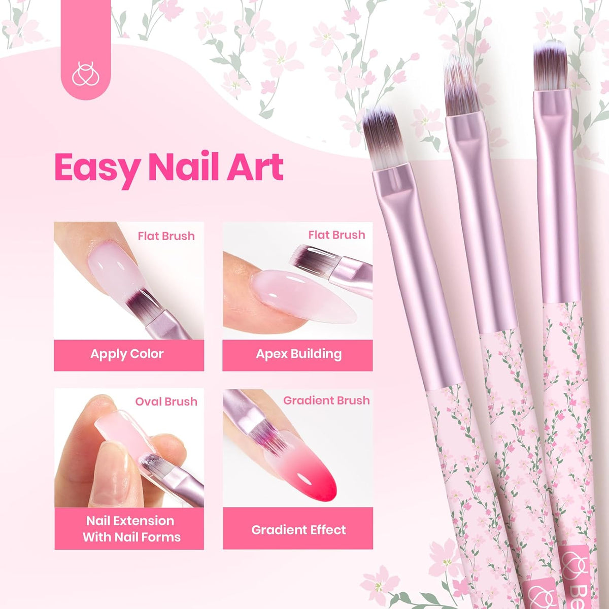beetles Gel Polish Nail Art Brushes Set 6 Pcs Nail Brush and 8 ml Pink Painting Gel, Floral Pattern Handle Gradient Bristles Fingernail Art Pens DIY with Bowknot Accessories Manicure Design Tools Set