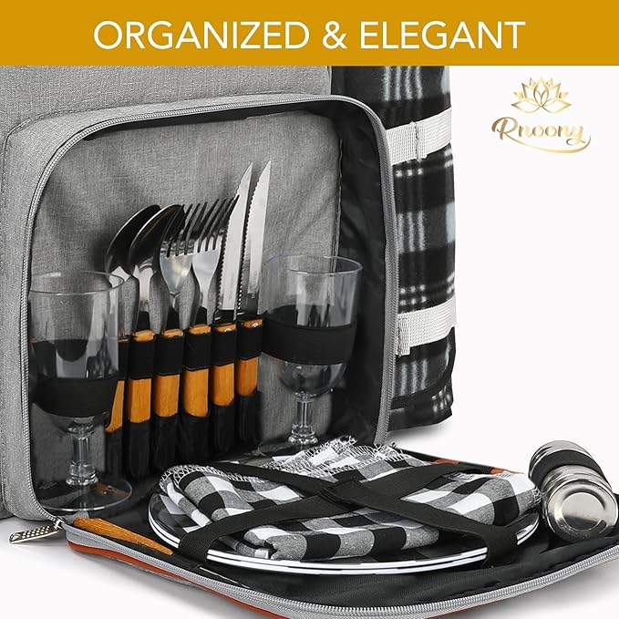 Rnoony Picnic Backpack for Camping, Picnic Basket for with Insulated Cooler Bag and Bottle Pouch,Camping Gifts for Couples with Lightweight Blanket and Cutlery Set for Family, Couple and Hiking