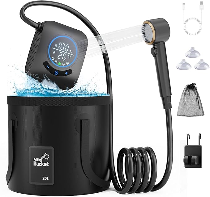 GOSCHE Portable Camping Shower, 8000mAh Rechargeable Outdoor Shower Pump with 20L Collapsible Bucket, Intelligent LED Display, IPX8 Waterproof Pump for RV, Travel, Hiking, Pet Bath, Beach