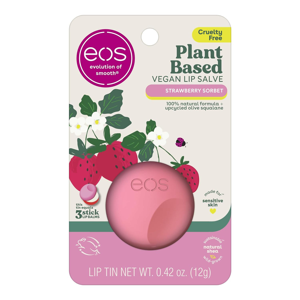 eos Plant-Based Vegan Lip Salve - Strawberry Sorbet, 100% Natural Formula, Made with Upcycled Olive Squalane, Cruelty-Free Lip Balm, 0.42 oz
