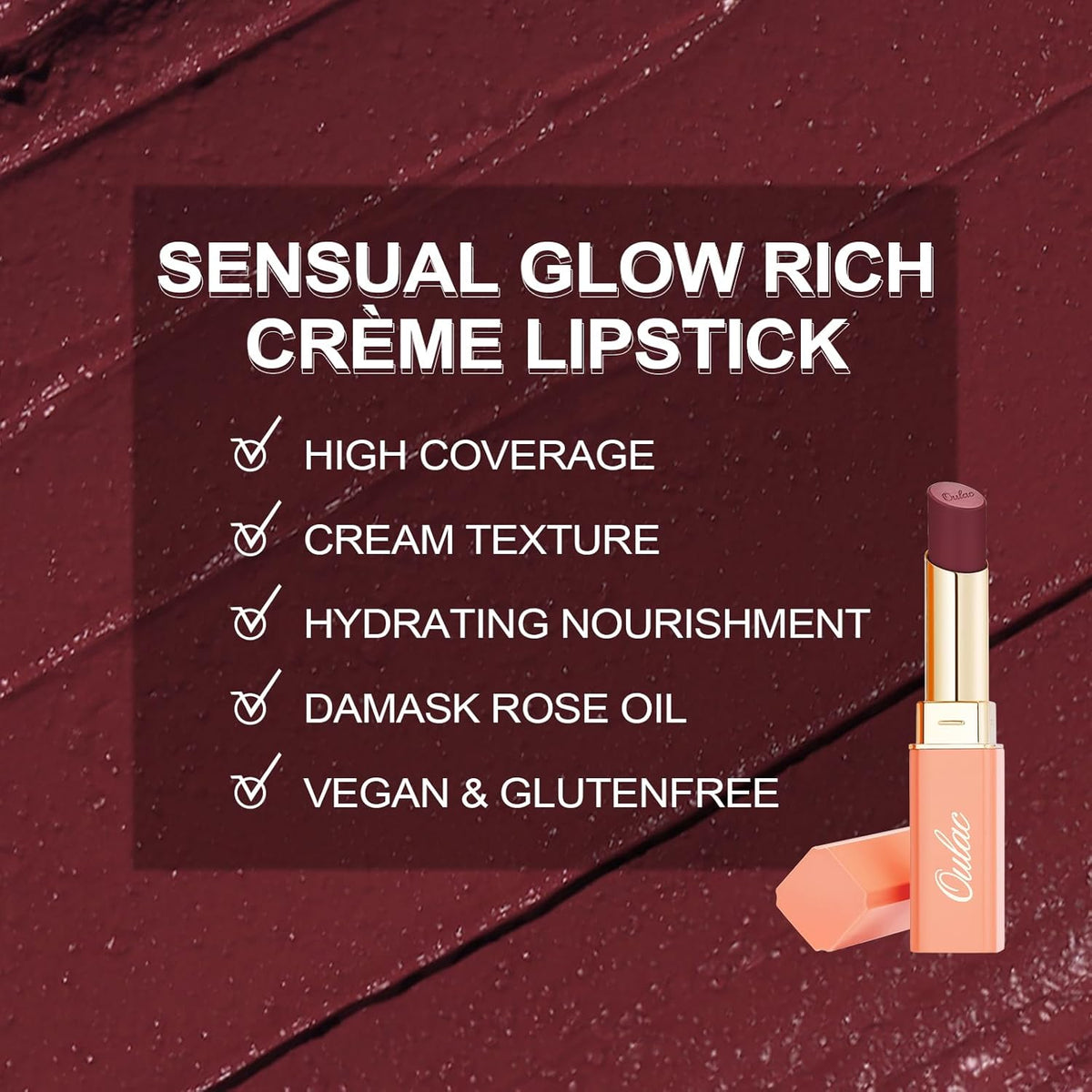 Oulac Color Rich Satin Lipstick - Burgundy Red Full Coverage Lip Color, Creamy Silky-Smooth, Moisturizing, Satin Matte Finish, Infused With Shea Butter, Vegan & Clean Beauty, 4g, SG13 Burgundy