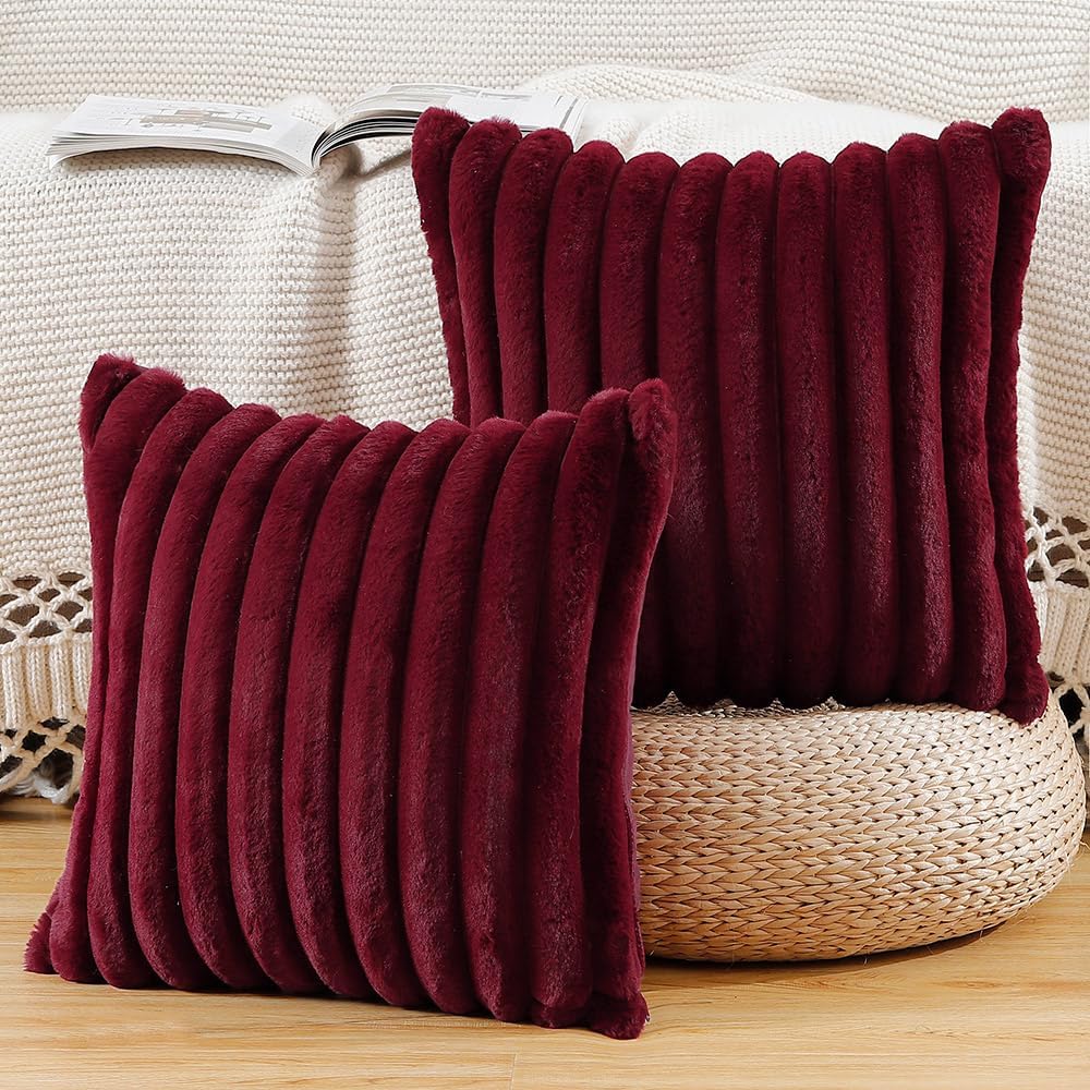 MADIZZ Set of 2 Faux Wool Plush Decorative Throw Pillow Covers 26x26 Inch Burgundy Fluffy Striped Soft Decorative Cushion Cover for Sofa Bedroom Pillow Shell
