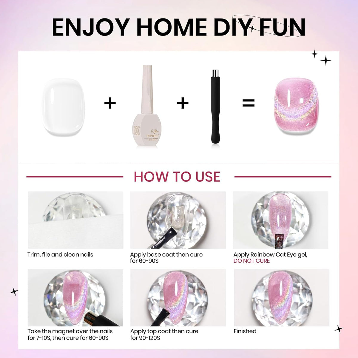 Pink Rainbow Cat Eye Gel Nail Polish Glitter Holographic Gel Polish with Magnetic Stick for a Glittery Iridescent Galaxy Effect Soak Off UV Lamp Perfect for Nail Art & DIY Manicures at Home