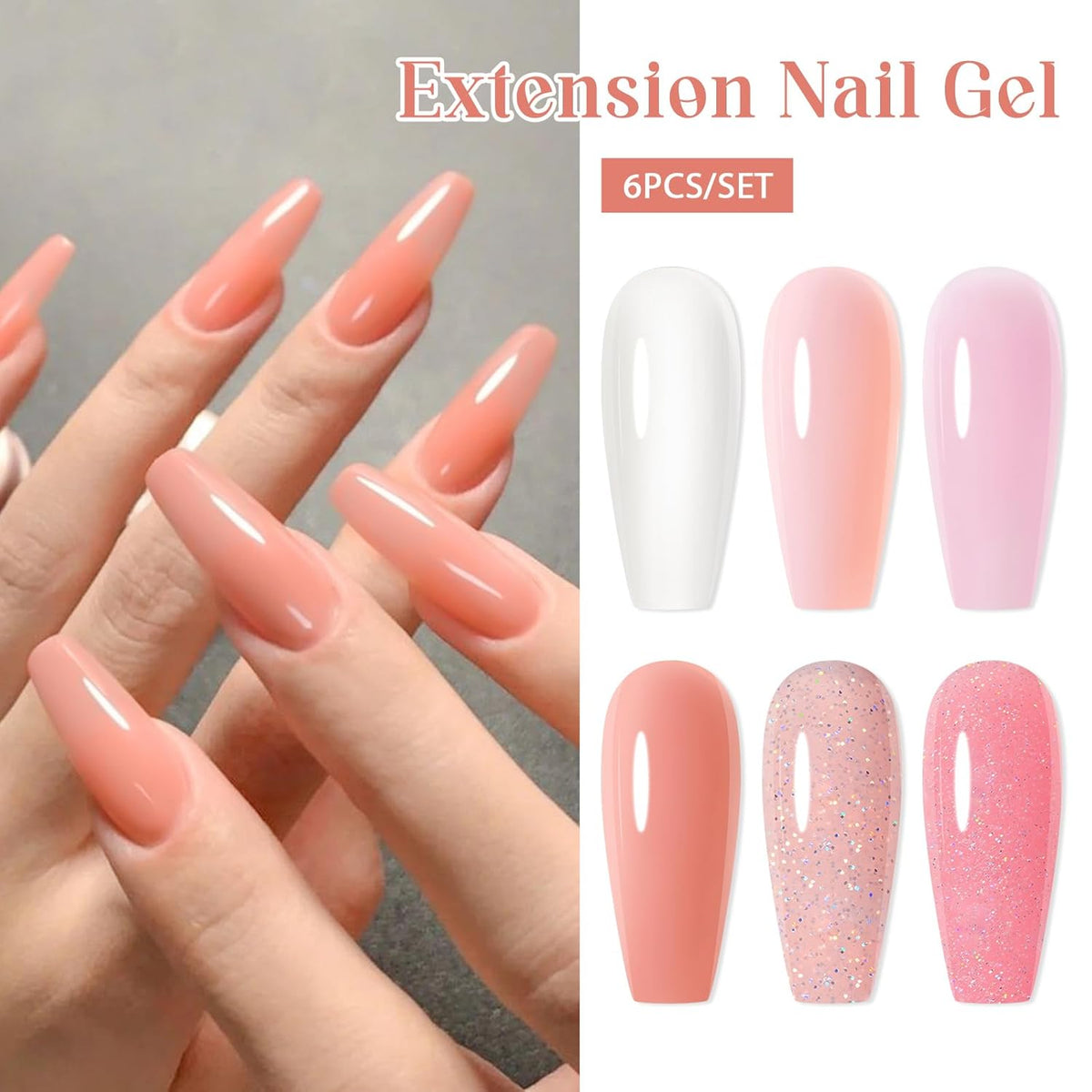 MEET ACROSS Poly Extension Gel Kit - 6 Colors All Season Nude Glitter Pink Sheer Poly Nail Gel Kit Strong Builder for Nail Art Extension Builder Gel Home Nail Salon Gift for Women