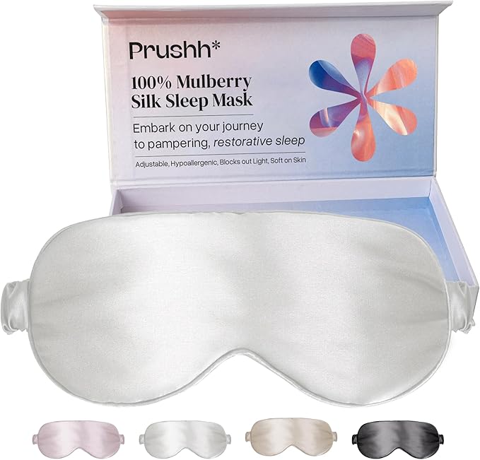 Adjustable Silk Sleep Mask Eye Covers | 100% Pure 6A Mulberry Silk | Blackout & Hypoallergenic | Concealed Strap for Women & Men | for Sleeping & Travel (Ivory White)