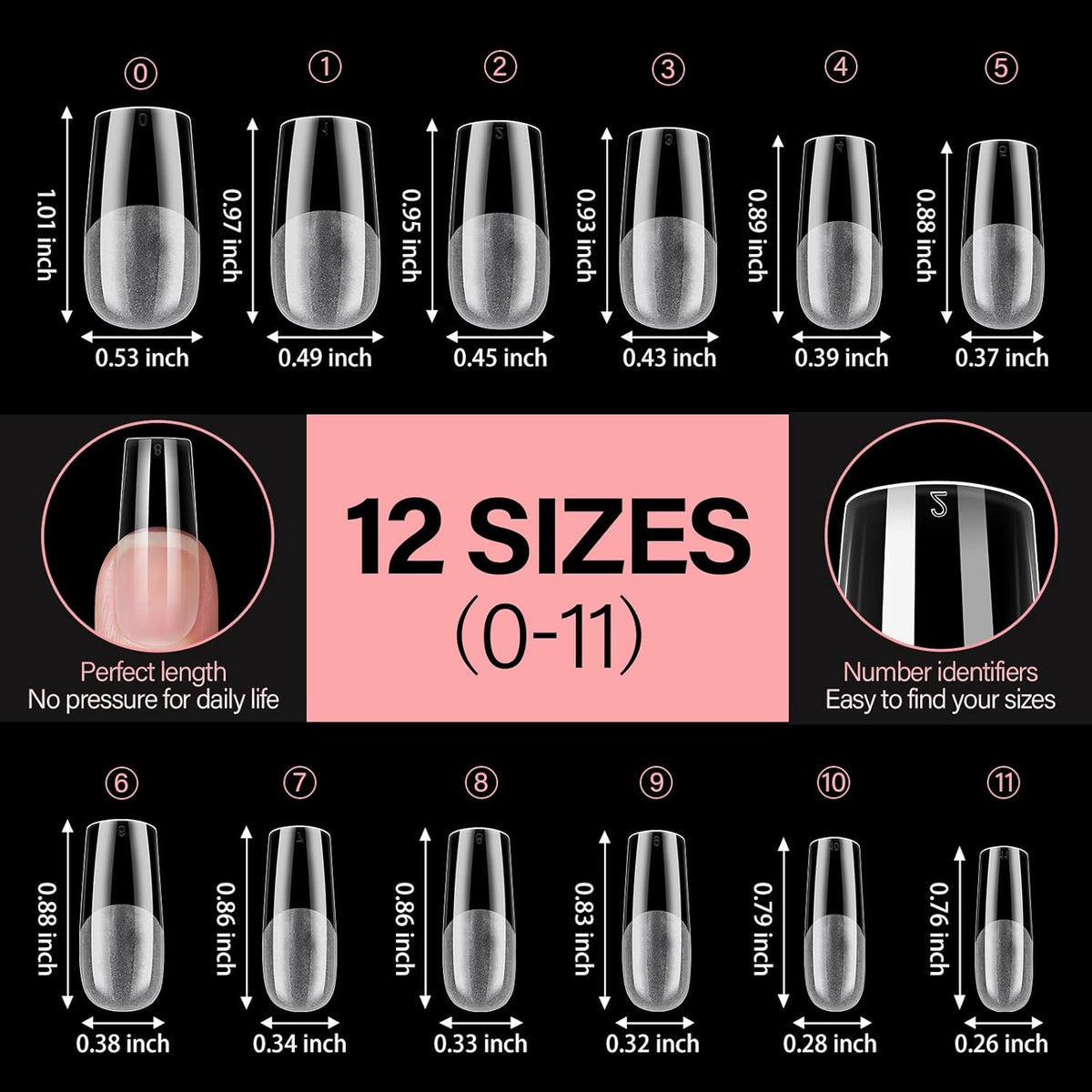 AILLSA Medium Square Nail Tips Full Cover Half Matte Tips Nail Clear Gelly Pre-Shaped Nail Tips Press On False Nail Tip Extension for Home DIY Manicure Salon 216PCS 12 Sizes