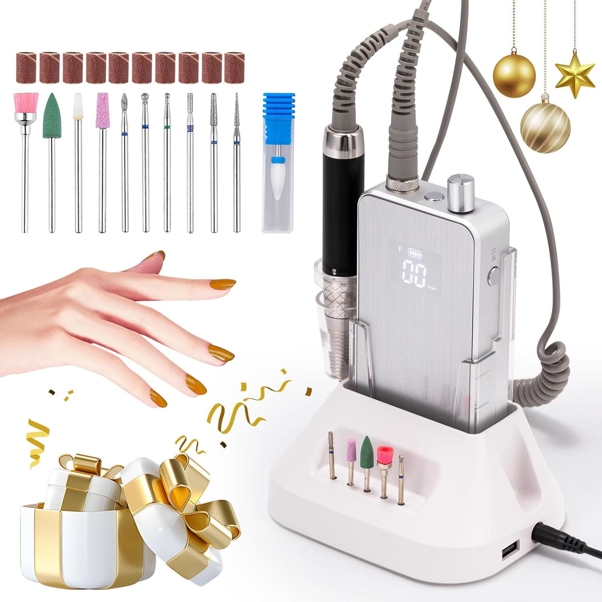 BAOSHISHAN Professional Electric Nail Drill Machine, Portable 35000RPM Rechargeable Cordless Efile With Case for Acrylic Gel, Home Salon, 11pcs Drill Bits