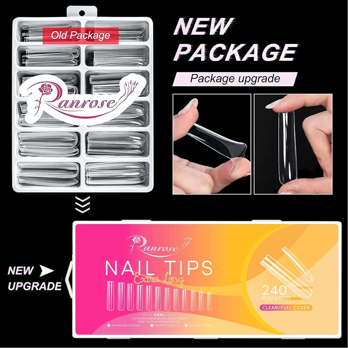 Ranrose Extra Long Nail Tips,240PCS XXXL Square Acrylic Tips Full Cover Clear Straight Tapered