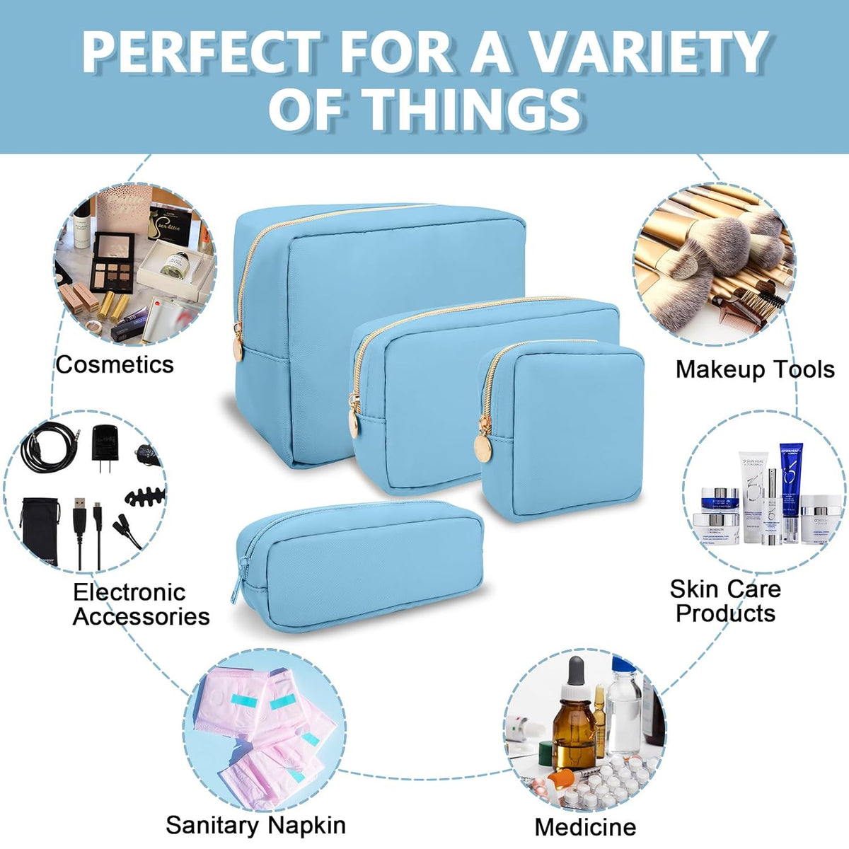 Large Makeup Bag Pouch,Nylon Women Travel Toiletry Storage Bag Preppy Cosmetic Bag for Girls,Big Makeup Organizer Bag Cute Zipper Pouch Skincare Bag for Sport Work Gift(Large-Periwinkle)