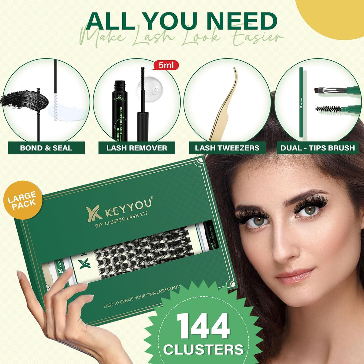 DIY Lash Extension Kit KEYYOU 144pcs Lash Clusters Eyelash Extension Kit with Mascara Brush Bond and Seal Lash Glue Remover Lash Applicators Lash Brush for DIY Lash Extensions (Y24 KIT)