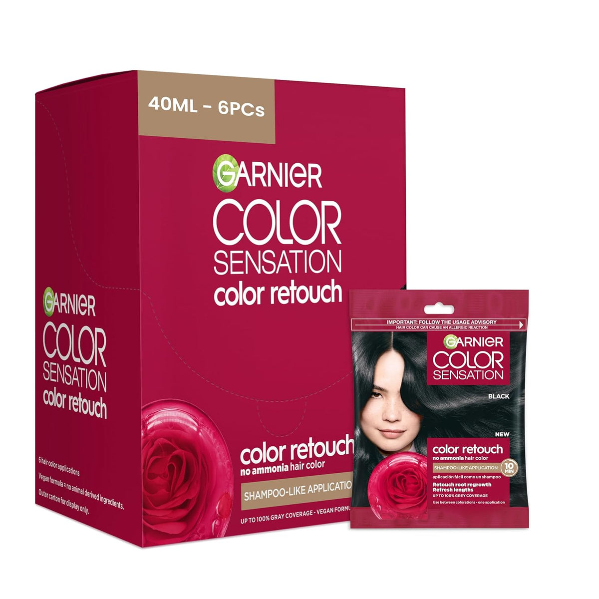 Garnier Color Sensation Color Retouch, Demi Permanent Hair Dye for Roots with 100% Gray Coverage, Black Hair Dye 1.0, Pack of 6