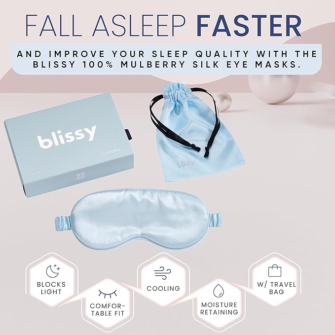 Blissy Silk Sleep Mask - Silk Eye Sleeping Mask for Women & Men for Total Blackout - 100% Pure Mulberry Silk, 22 Momme 6a Fibers - Blindfold Silk Sleep Mask Side Sleeper Eye Cover (Sky Blue)
